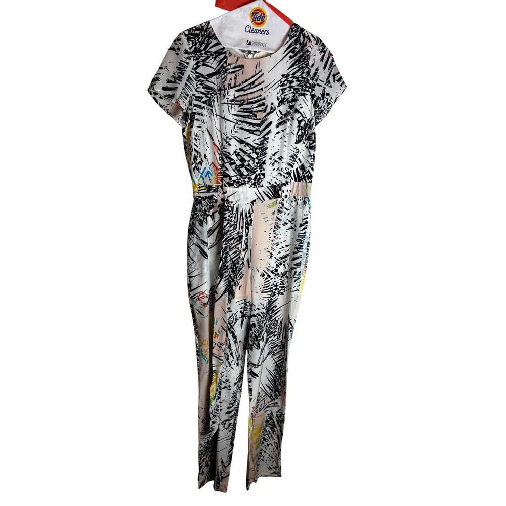 Yumi Kim Women Abstract Palm Leaf Print Short Sleeve Belted Jumpsuit Multi Small